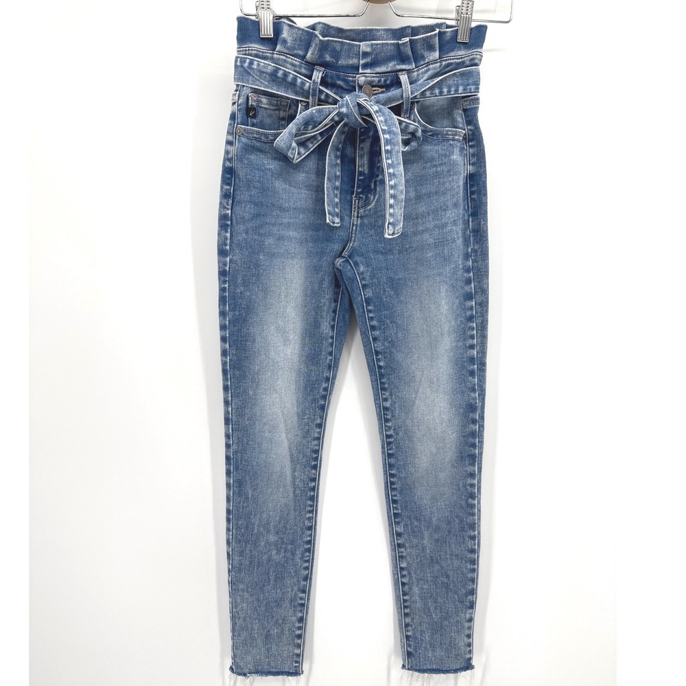 Kancan Womens Jeans Size 5 or 26 Blue Paperbag Waist Tie Raw Hem Skinny Light
